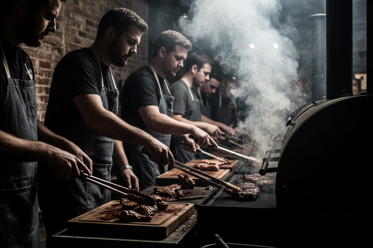 a class of bbq people all hanging learning to cook bbq add smoke but not to much and make it school and close up and edgy and rich blacks